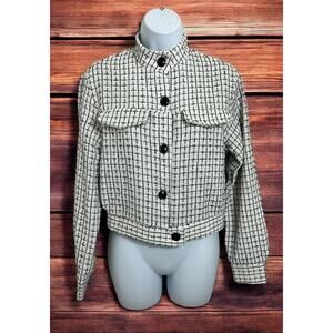 Shein Essnce Plaid Tweed Jacket Sz Small Black White Button Front Stand Collar